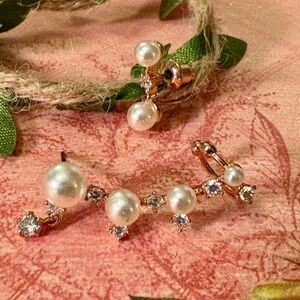 Sparkling Gold Copper Color Pearl & Clear Crystals Ear Cuff 2 Piece Set